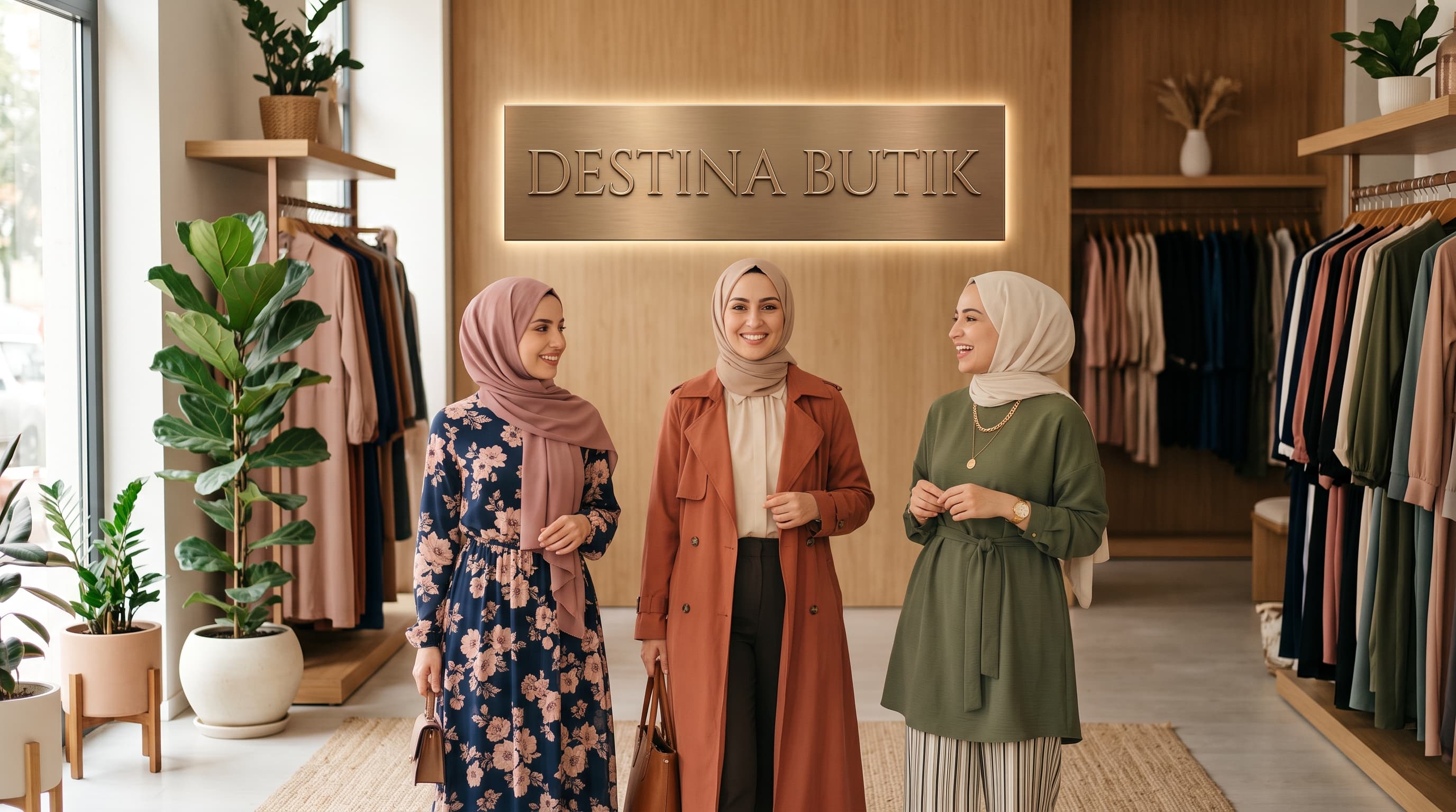 Destina Butik mağazasında üç kadın kapalı giyim kombinleriyle sohbet ediyor